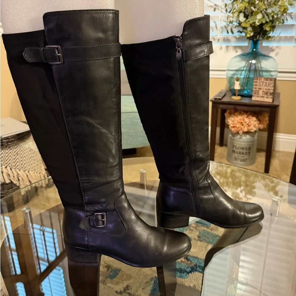 Tahari Kent Leather Tall Black Buckle Riding Equestrian Boots‎ size 8.5